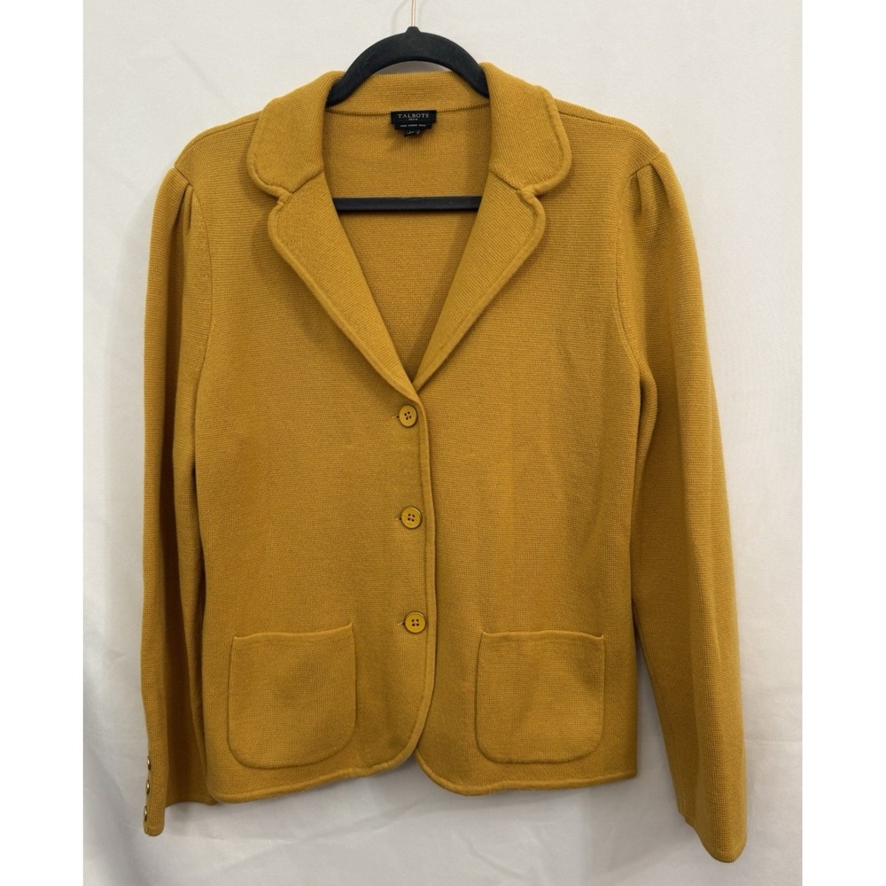 Talbots‎ 100% Merino Wool Mustard Yellow Cardigan Womens Size LP Petite